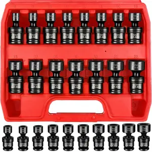 15-Piece 3/8" Drive Shallow Universal Impact Socket Set, 6-Point, Metric, 8-22mm, 15-Piece Swivel Socket Set, Metric Flexible Wobble Sockets, CR-MO Steel