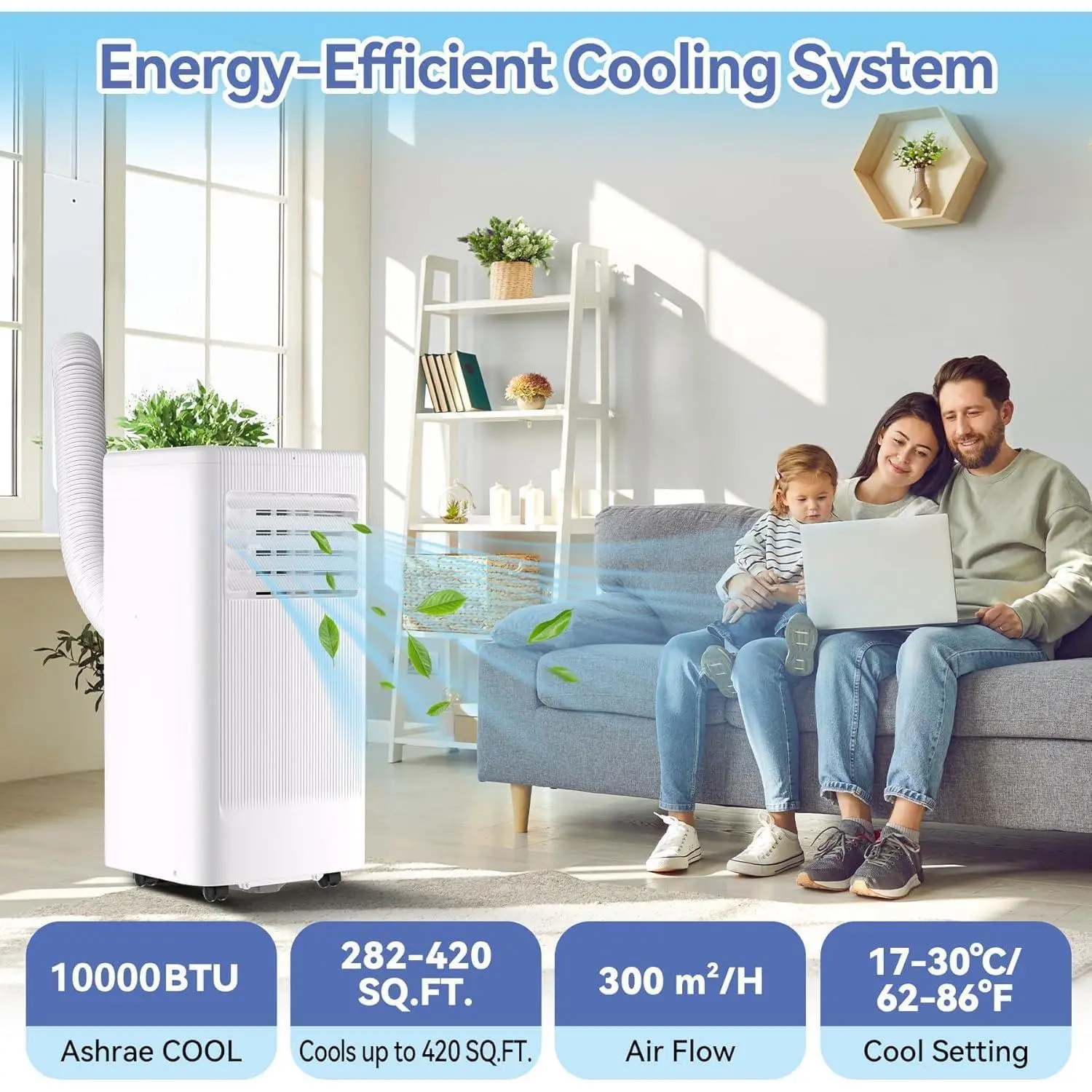 Portable Air Conditioner, 10000 BTU Portable AC for Rooms Up to 560 Sq ft, 3-in-1 Cooling/Fan/Dehumidifier, Remote & LED, Sleep Mode 24H Timer, Wheels, Window Vent Kit