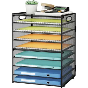 9 Tier Paper Organizer for Desk - Black Metal Mesh Letter Tray File Paper Sorter Organizer Include 6 Pcs Adjustable Height Slid Tray with Handles for Office School Home Organization Storage