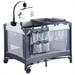 5-in-1 Baby Bassinet and Bedside Sleeper, Foldable Geometric Travel Crib with Diaper Changer for Newborns, Lightweight Iron Alloy Frame, Versatile with Sturdy Wheels, Grey