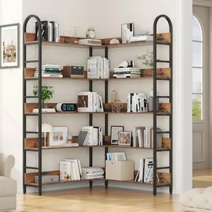 Heavy Duty 5-Tier L-Shaped Corner Bookcase - Tall Wood Frame and Metal Open Etagere, Anti-Tip 5-Shelf Storage Rack for Living Room Home Organizer, Five-Shelf