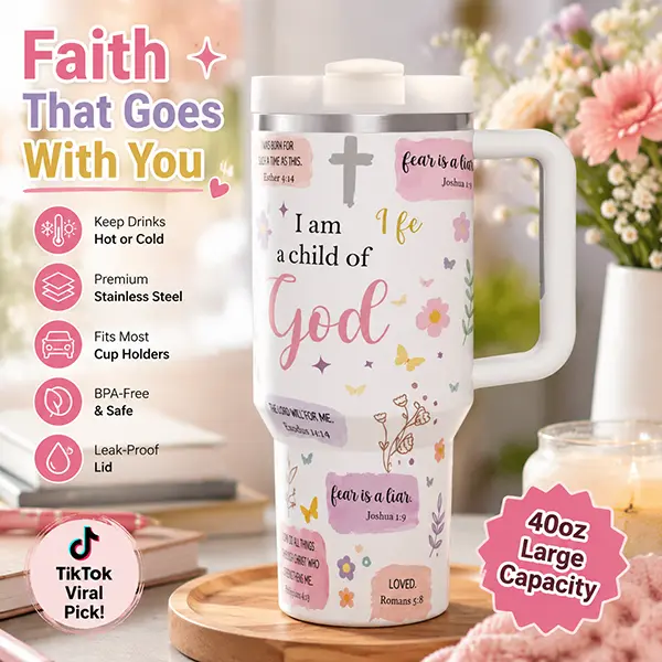 40oz Christian Faith "I Am A Child Of God" Scripture Vacuum Insulated Stainless Steel Flask - Portable Drinkware With Handle, Car Cup Holder Friendly Religious Gift For Women, Flasks, Insulation