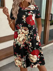 Plus Size Casual Loose Midi Floral Dress, Round Neck Short Sleeve, Comfort Breathable Plus Size A-Line Dress