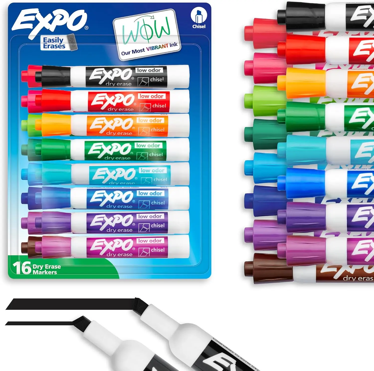EXPO Dry Erase Markers, 16-Count, Low & Quick-Dry Odor Ink, Assorted Colors, Chisel Tip, AP Certified, for Whiteboards, Office, Homeschooling Supplies