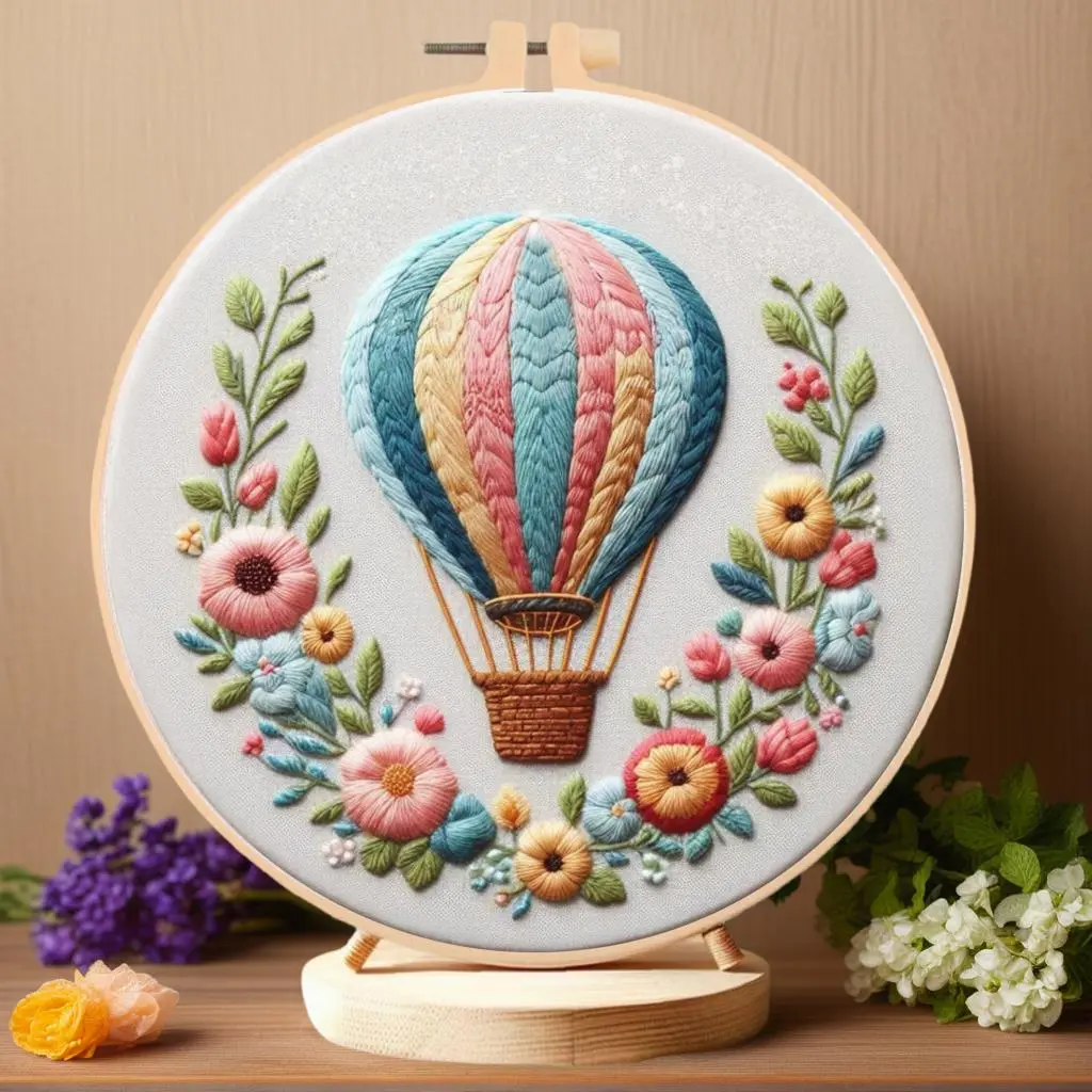 Hot Air Balloon & Flower Pattern Kit, 1 Set Embroidery Fabric Pack, DIY Embroidery Craft Supplies for Beginners, Embroidery Design, Handmade Embroidery