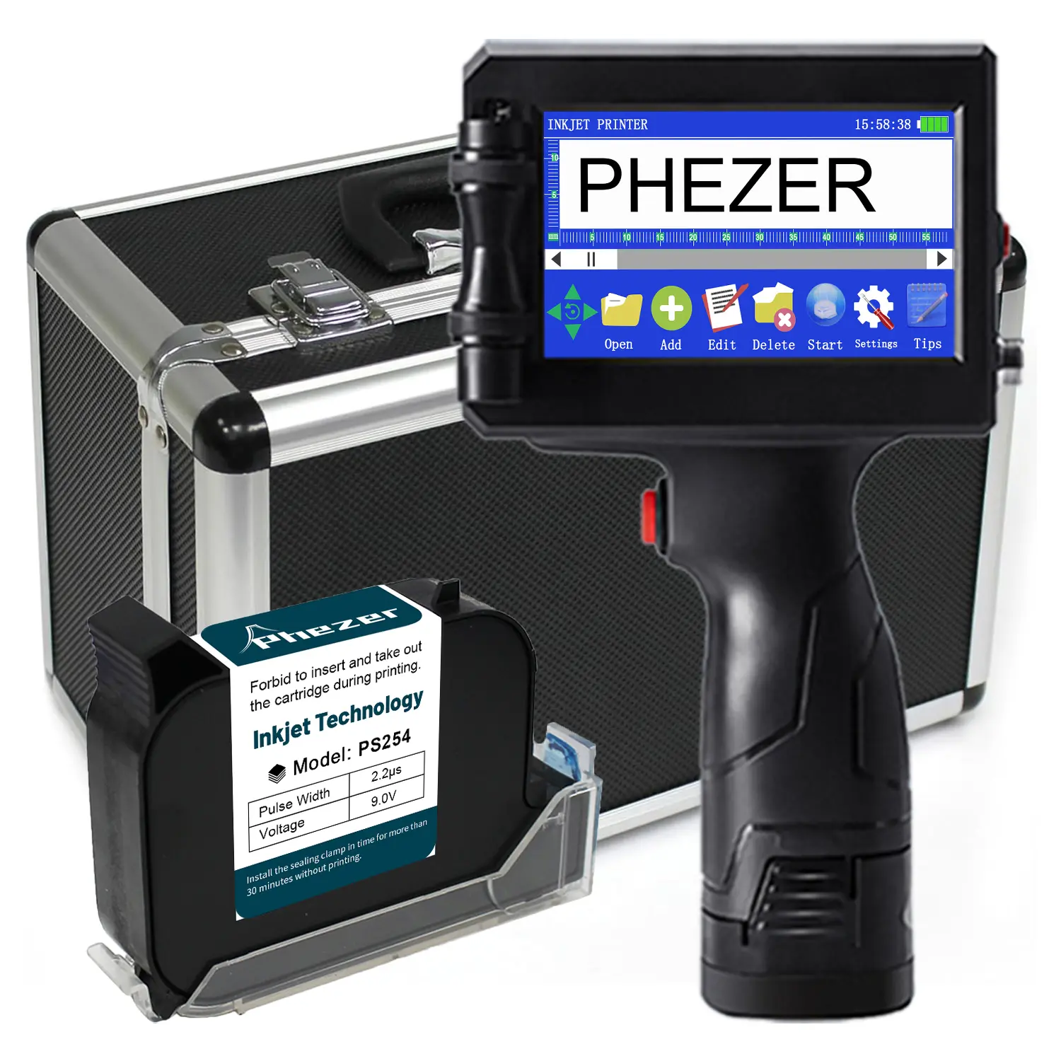 Phezer P15-1 Rechargeable Handheld Inkjet Printer Kit with Hard Case - 25.4mm Quick-Drying Coder Gun, PS254 Ink, 600 DPI Digital Print Printer for Businesses’ Labeling on Fabric/Metal/Plastic, Rechargeable Batteries, Digital Print Printers
