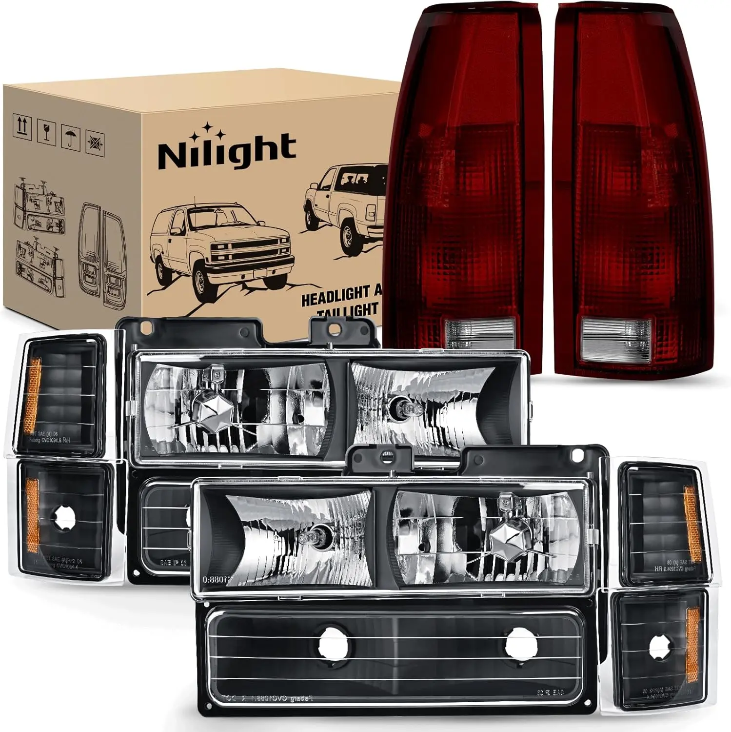 Nilight Headlight & Taillight Assembly Combo, 1994-1998 Chevy Silverado Tahoe Suburban C10 C/K 1500-3500 Truck Replacement Car Light, Black Housing, Amber Reflector, Bumper Lamp, V8 Raptor Valance Switchback LEDs, Automotive Car Accessories