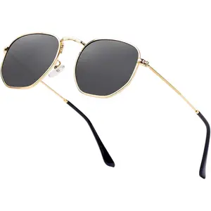 Hipster Hexagonal Polarized Sunglasses Men Women Geometric Square Small Vintage Metal Frame Retro Shade Glasses