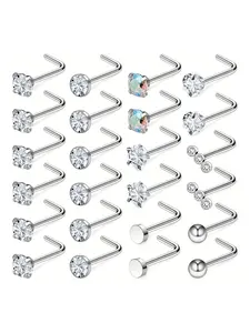24pcs/set Rhinestone Decorated Stainless Steel Nose Studs, Stud Nose Rings, Nose Piercing Jewelry for Women & Men, Body Matching Jewelry for Parties, Daily Clothing Decor, Nose Ring Jewelry