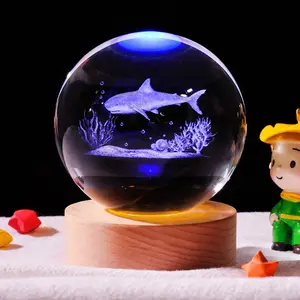 3D Shark Crystal Ball Night Light with Remote Lifelike 3.15 In Shark Sea Animal Glass Ball Lamps with 16 Color LED Wooden Base for Birthday Holiday, Cool Shark Toy Room Decor Gifts for Boys Girls Kids
