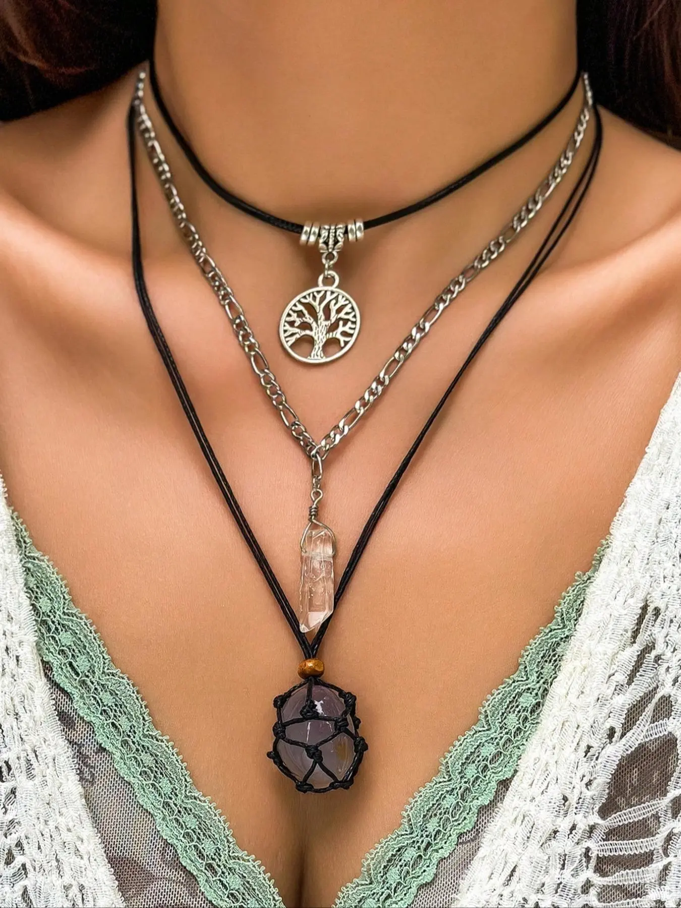 Women's Vintage Bohemian Style Artificial Crystal Decor Pendant Necklace without Box, 3pcs Exquisite Pendant Necklace, Fashionable Jewelry for Women, Trendy Charm Necklace, Chic Accessory, Ideal Gift, Boho Necklace, Crystal Pendants