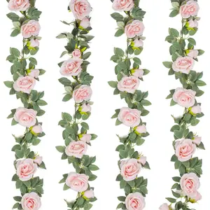 4Pcs 26 FT Artificial Rose Vine Fake Flower Garland Fake Silk Rose Hanging Vine for Wedding Party Background Arch Garden Background Decoration (Pink) - Home Improvement.
