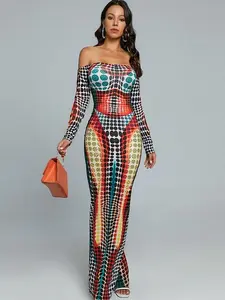 Off-shoulder Printed bodycon Dress Casual Comfort Womenswear Lady Casual Long Sleeve Maxi DRESS