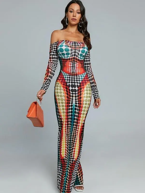 Off-shoulder Printed bodycon Dress Casual Comfort Womenswear Lady Casual Long Sleeve Maxi DRESS PARTY STATEMENT BIRTHDAY HOLIDAY DATE NIGHT S-XXXL