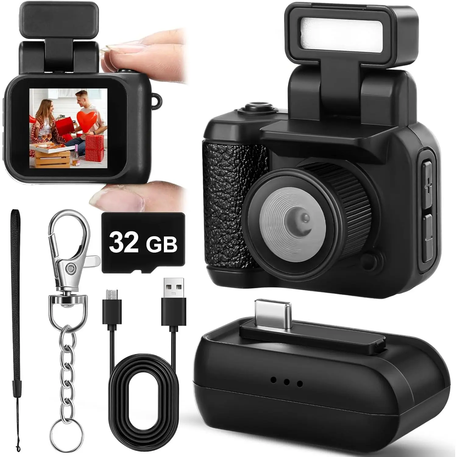 Retro Mini Digital Video Camcorder - 1080p Resolution, Built-in Flash, 600 Mins Recording, 3 Buttons, Screen, 32GB Storage, Portable for Valentine's Gifts & Travel (Black), Three Buttons