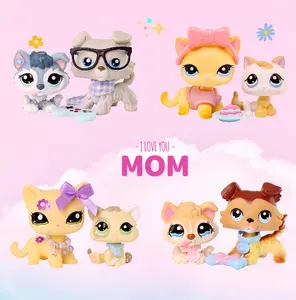 2 PC  Adorable Mini Pet Shop Figurines Bobble Head Animal Toy Figure Mom & Baby Pet Toy Set for Kids Collectors Mothes's Day Gift
