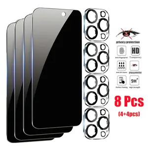 One set/8 pieces Full-screen privacy screen protector Compatible with iPhone 16/15/14/13/12/11 series models Privacy 9H tempered glass screen protector 4+4 count HD privacy phone screen protector and lens protector Full-screen coverage durable