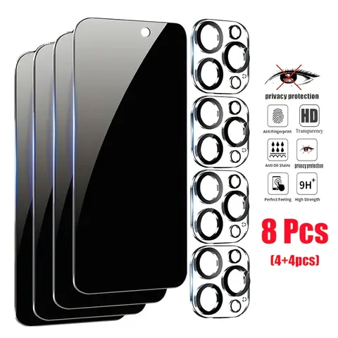 8-Piece Phone Accessories Set for iPhone 16/15/14/13/12/11 Series - Durable Phone Screen Protectors (4 HD Privacy Filters, 9H Scratch-Resistant, Full Coverage), 4 Shockproof Lens Guards