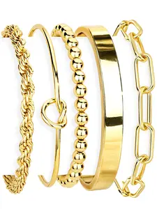 5 Pieces Set Gold Bracelets for Women Non Tarnish, 14K Gold Plated Chunky Cuff Bracelet Gold Bangles Bracelet for Women Trendy Tie Knot Cuban Chain Bracelet Cuban Link Bracelet Cuban Rope Paperclip Beaded Bracelet Stackable Bracelet Stack Jewelry Gifts