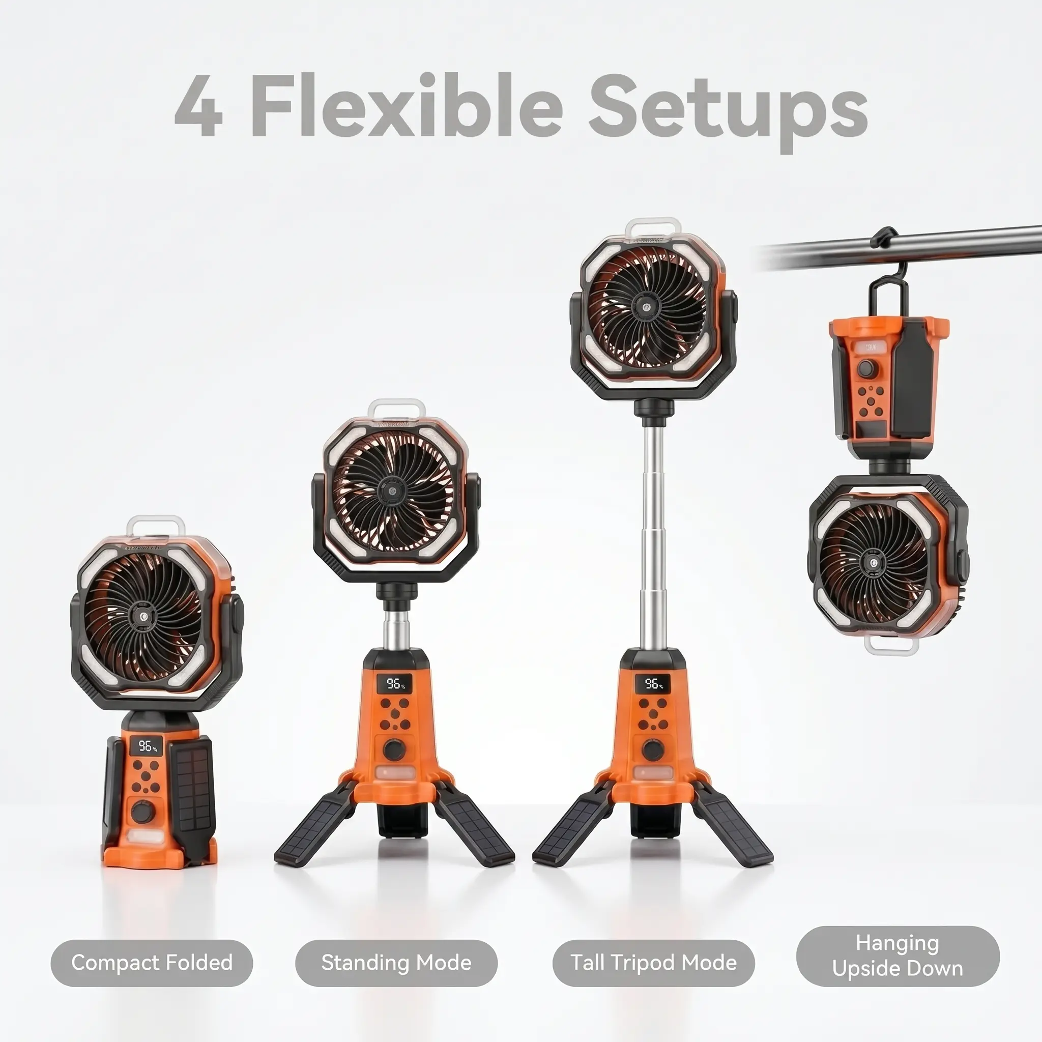 【Back To School】Solar Camping Fan with Tripod, 20000mAh Rechargeable Fan with LED Lights & 270° Pivot,4 in 1 Cordless Camping Fan, Remote Control Shaking Head Desk Fan for Camping Tent Travel Bedroom Portable Motor