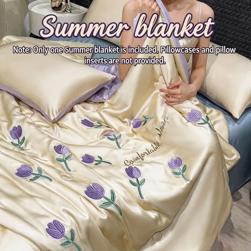 1 pack, embroidered Tencel summer cool quilt, super soft summer wrinkle-free single-layer quilt, suitable for hot sleepers, breathable, light and portable, suitable for family, office, station wagon, Lightweight Quilt
