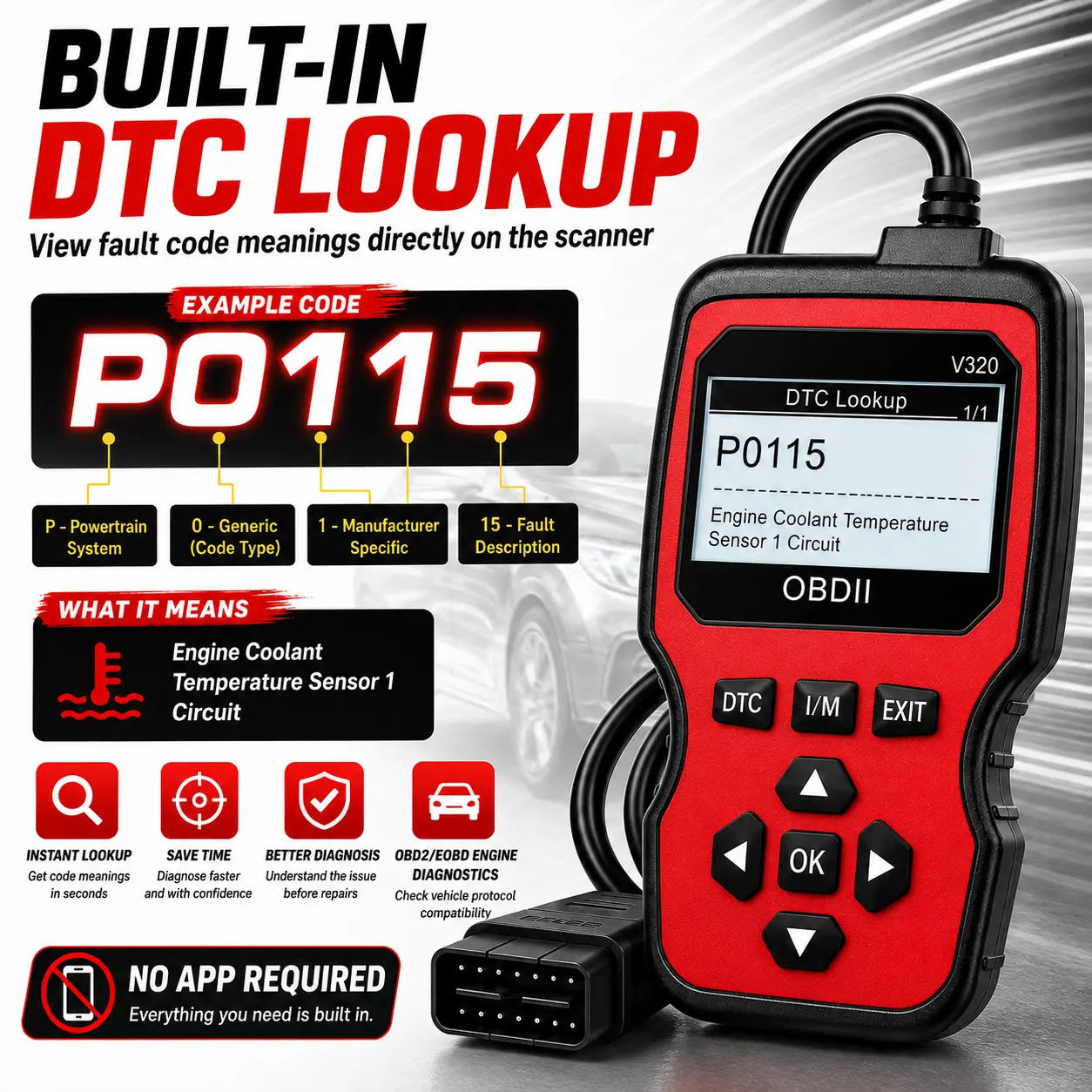 V320 OBD2 Scanner Code Reader, OBDII/EOBD Car Diagnostic Tool with Read & Clear Engine Codes, Live Data, Freeze Frame, I/M Readiness and DTC Lookup, Plug-and-Play Check Engine Light Scanner sohochic