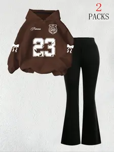 Women's Fall Winter Warm Hooded Sweatshirt Set, Casual Fitted Long Pants Flared, Butterfly Print Pocket Design, Comfortable Daily Wear