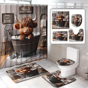 Highland Cow Bathroom Set, Cute Bath Curtain, Shower Curtain Set, Includes Toilet Mat & U-Shaped Pad, Elegant Home Decor, Perfect Gift for Friends and Family