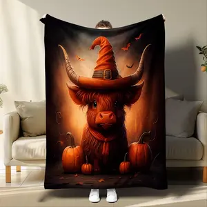 Cartoon Cow & Pumpkin Pattern Flannel Blanket, 1 Count Soft Throw Blanket, Bedroom Accessories, Warm Napping Blanket for Home Office Travel Camping, Christmas Decor, Christmas Accessories, Christmas Gifts, Christmas Decorations, Halloween