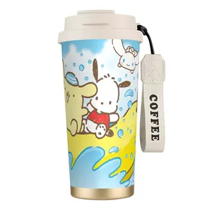 Pochacco Stylish Stainless Steel Vacuum Insulated Thermal Flask - Portable Dual-Drink Coffee Tumbler with Lid, Cartoon Design, Strap, for Relaxation, Hobby Time Cold/Hot Use