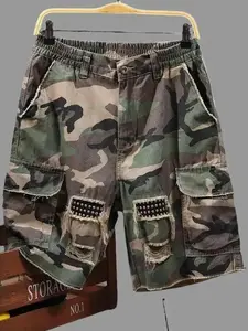 Men’s trendy camouflage cargo shorts made from high cotton, mid-length with a half elastic waistband and straight cut. Heavy detailing with large pockets. Lightweight for summer, breathable and comfortable, featuring multiple pockets and practical storage