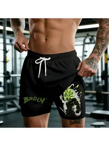 Men's Anime Saiyan 2-In-1 Gym Shorts, Fitness Training Shorts, Loose-Fitting Graphic Style, Sporty Clothing