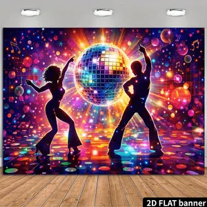 2D Flat Banner, 1pc Retro Discotheque Party Backdrop Mirror Discoball Emits Dazzling Light, Silhouette of Dancers Leaping in Colorful Lights, Recreates The Disco Trend of The 70S And 80S, Suitable for Themed Party