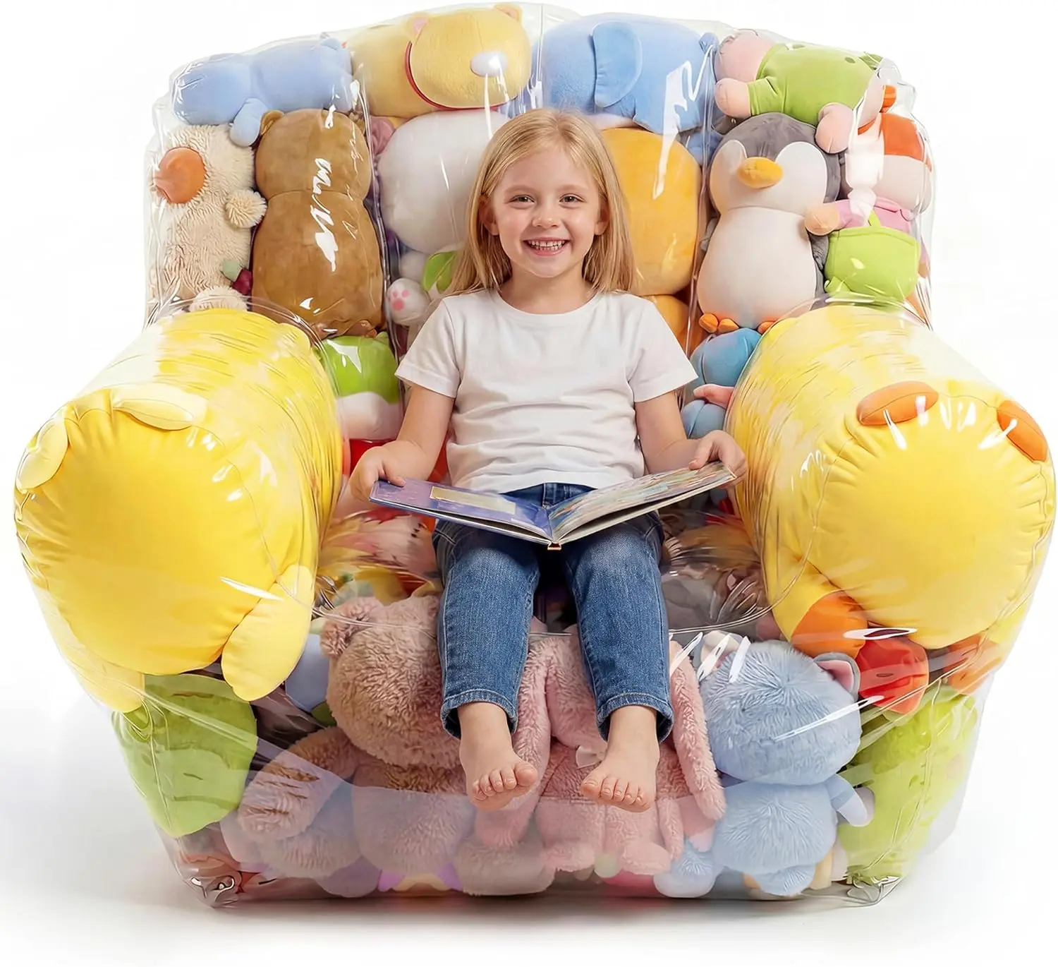 NTYNTY Clear Stuffed Animal Storage Chair, 37.8" x 37.4", 0.35mm Thick PVC, 330lbs Load, Waterproof Transparent Plush Storage Chair for Kids & Adults
