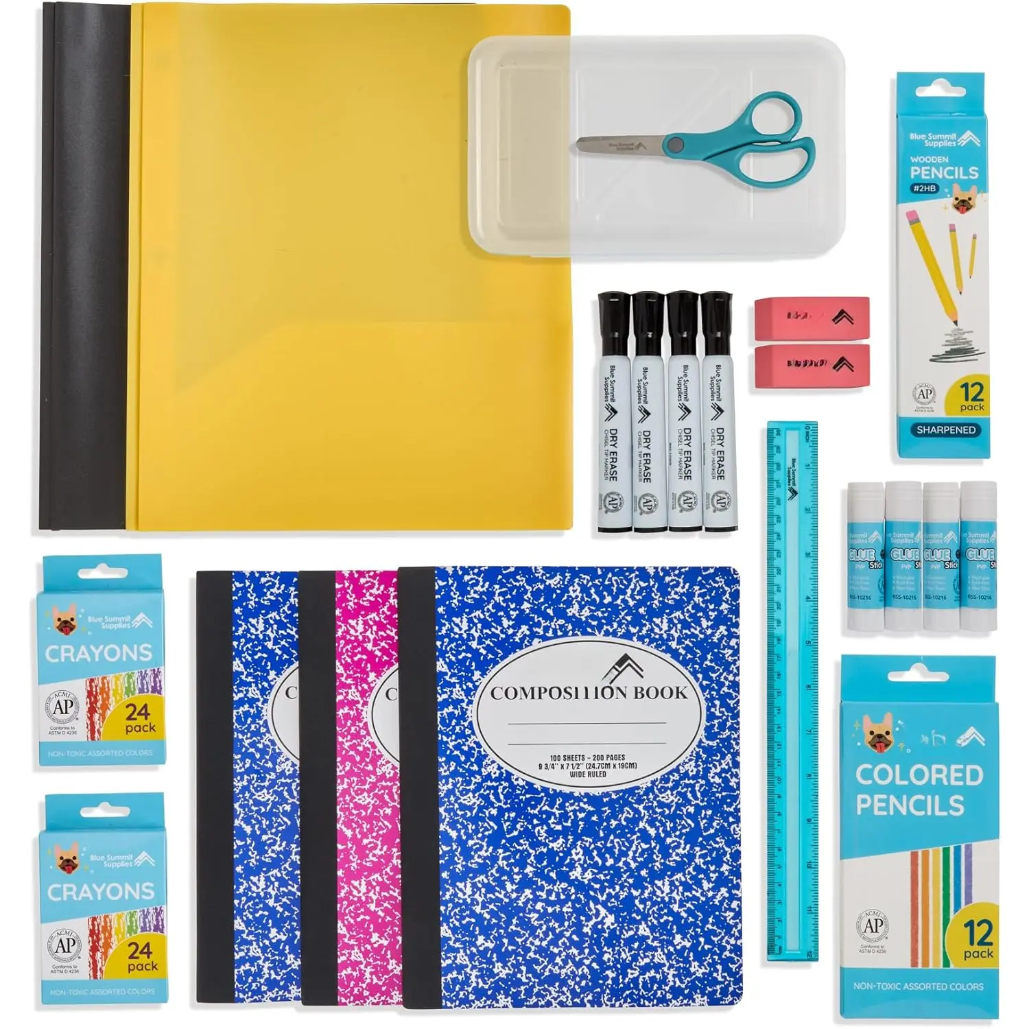 2nd Grade Elementary School Supply Kit - Bulk 44-Count Box with Colored Pencils, Pencil Box, Composition Notebooks, 1 Pair 5” Blunt Tip Eraser, 1 Shatterproof Ruler