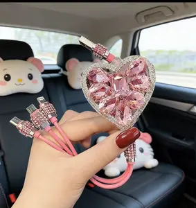 3-in-1 Bling Pink Heart Diamond Charging Cable, Sparkling Crystal Design Fashion Accessory for Mobile, Smartphone, Cellphone & All Devices - Portable, Stylish Costume Jewelry Charm
