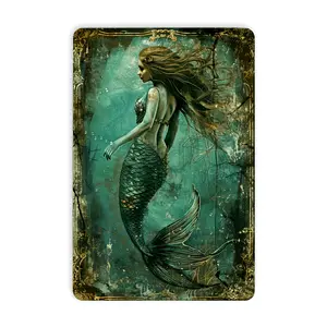 1 Count Vintage Mermaid Metal Tin Sign, 8X12 Inches-Country Style Cyan and Gold Wall Art with a Weathered Look, Suitable for Home, Bar, Cafe, garage-Charming Marine Living Decoration for Indoor and Outdoor Space, Perfect for Room Decoration