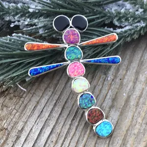 Handcrafted Sterling Silver & Multi Color Opal Stone Dragonfly Pendant Pin Signed