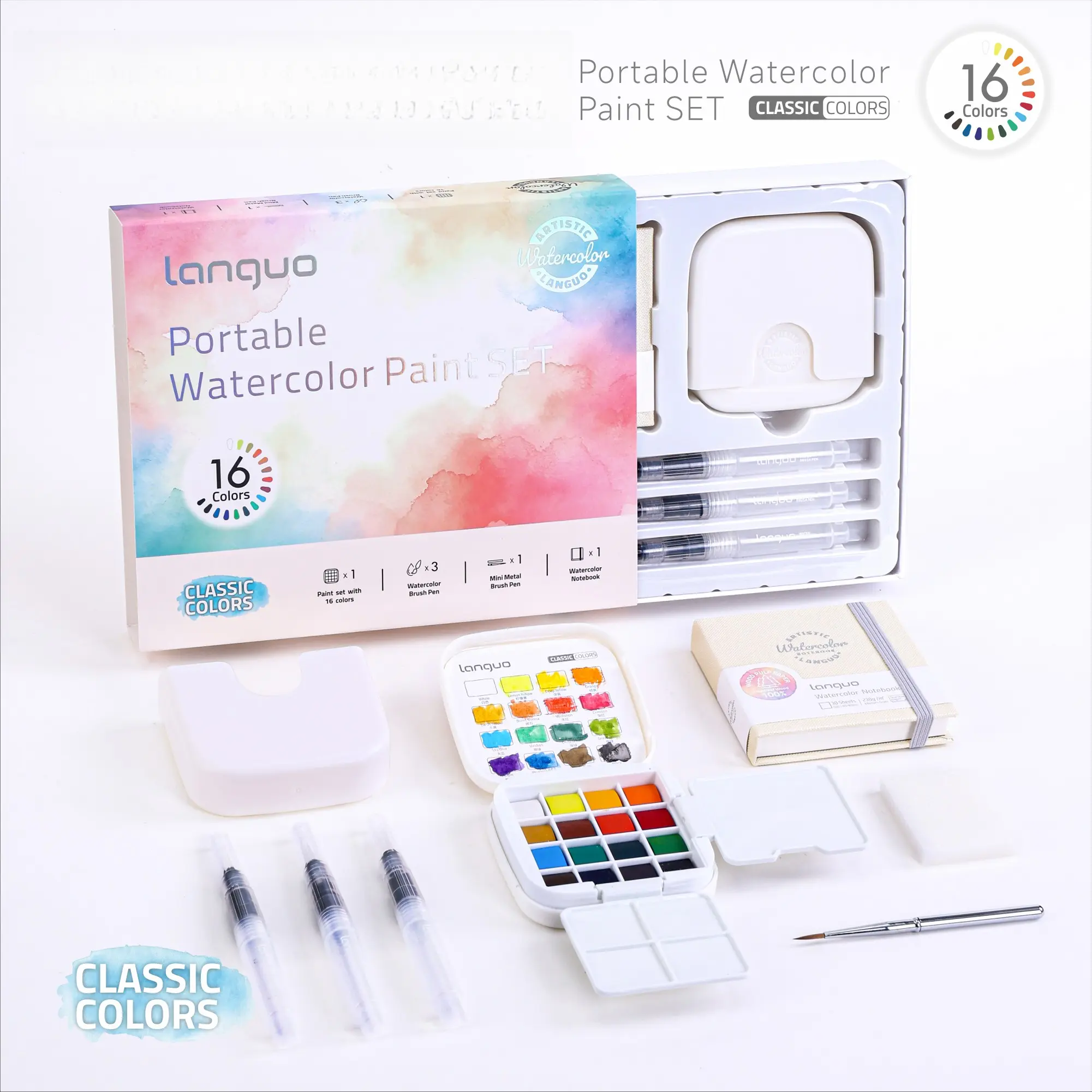 Portable Watercolor Set with Bucket, Paints, Palette, Brushes, Sketchbook, Watercolor Paint Box, Lightweight, Portable Art Supplies, Ideal for Art Projects, Students, Artists, Watercolor Painting Kit