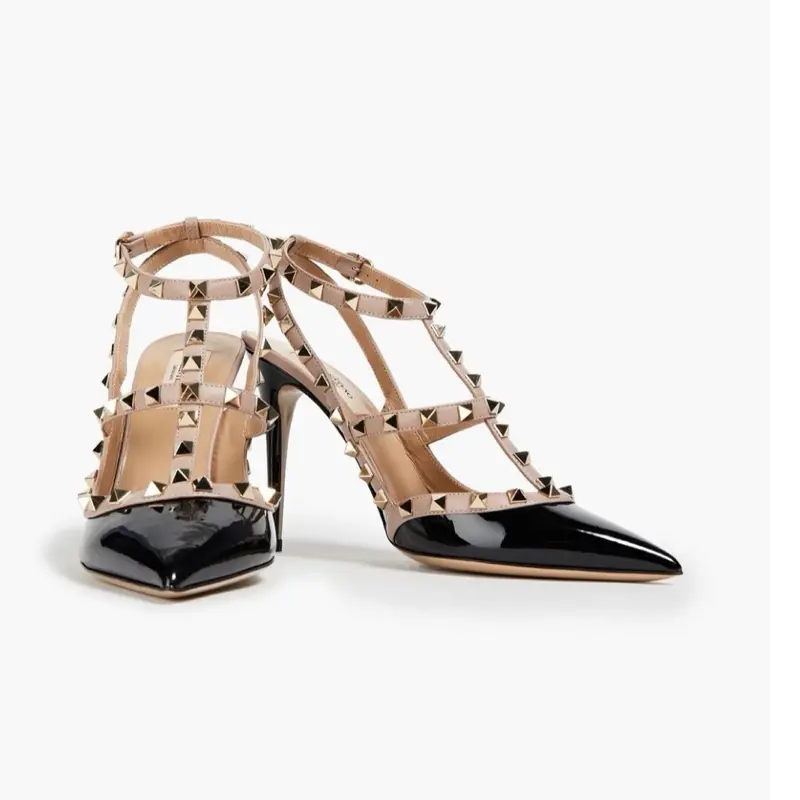 Valentino Garavani Patent Leather Nappa Rockstud Ankle Strap Pumps Size 37.5