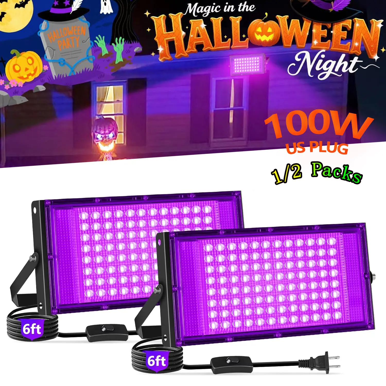OYCIJE 1/2/3/4 Packs 100W Black Light Flood Light, Blacklight With standard US plug and switch and 1.8M power cord, for Glow Party, Halloween, Neon Glow, Aquarium,Fluorescent Poster,Body Paint,Glow in The Dark
