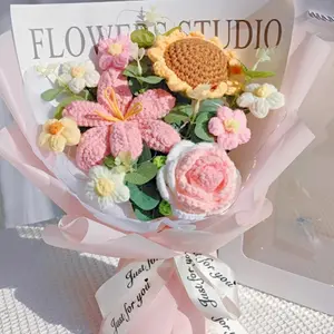Handmade Mixed Yarn Flower Bouquet, Large Sunflower Rose Crochet Bouquet, High-End Holiday Gift with Gift Box, Model Xinghao, Artificial Mixed Flower