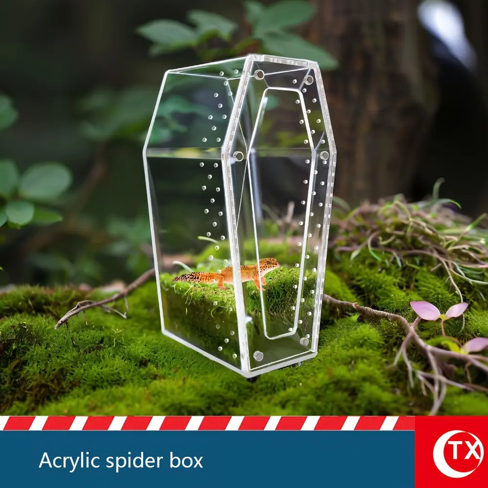 1pc Transparent Square Compact Acrylic Pet Feeding Enclosure for Tarantulas & Reptiles - 360-Degree Full View, Ventilation Holes, Magnetic Lid Panel, No-Assembly Sliding Design for Comfortable Habitat, No-Assembly Design