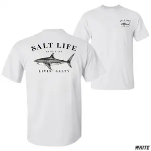 [2][humorous tshirt men]Unisex Salt Life Livin' Salty Shark T-Shirt – Offshore Fishing Graphic Tee, Soft Cotton Blend Shirt, Ocean Lifestyle Apparel for Men & Women, Trendy Comfortable Summer Streetwear, Perfect Gift for Anglers