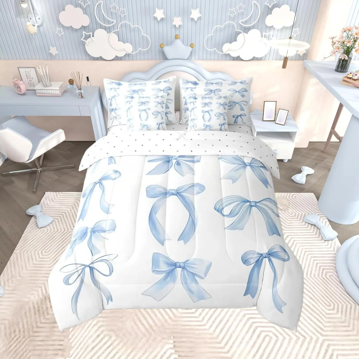 Bowknot Comforter Set with Sheets Watercolor Bow Bed in a Bag for Boys Girls Teens Cartoon Bowknot 7 Pieces Bedding Set Dreamy Princess Style Bed Set Sky Blue