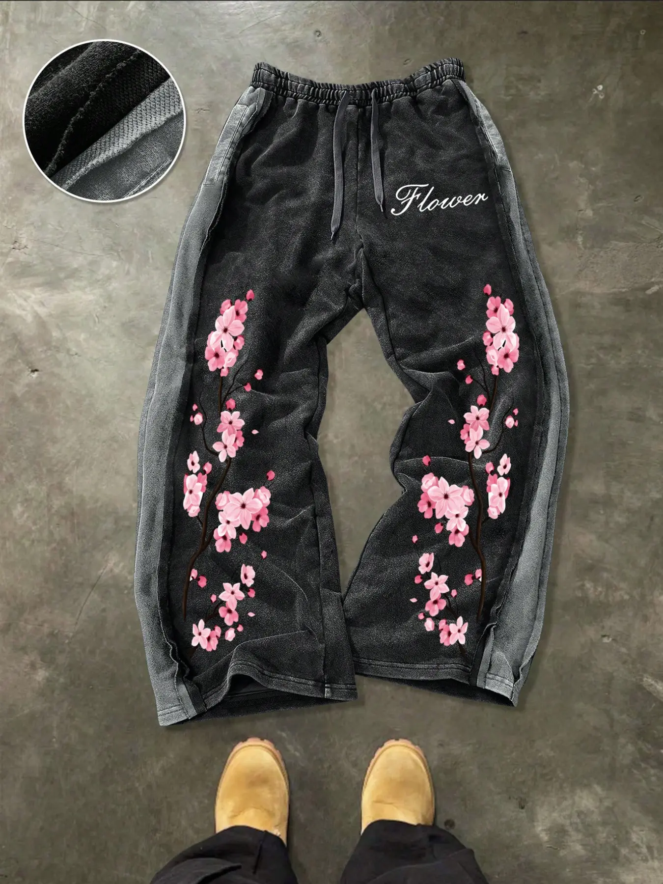 Y2K Acid Wash Baggy Sweatpants with Cherry Blossom Graphic Print, High Street Grunge Fashion Wide Leg Trousers for Aesthetic Streetwear Outfits, Casual Chic Bottoms