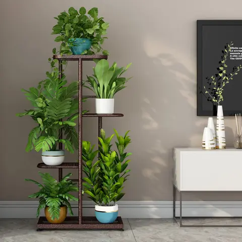 LINZINAR Pure Metal 4-Layer Plant Stand, Rust-Resist Spray Burr-Free Grid Layout Stackable Pots Holder, Home Decor Pots Bonsai Display Rack with 4-Tier Plant View, 17.1×8.7×31.5in Indoor/Outdoor Shelving Unit【A001】