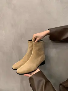 Women's Fall Winter New Square Toe Velvet Short Boots, Vintage Low Heel Side Zip Chelsea Boots, Simple Versatile Ankle Boots, 3 Colors Available