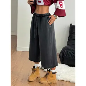 Drawstring Waist Workout Sweat Shorts Wide Leg Baggy Washed Cropped Pants with Pockets