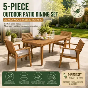 5 Piece Outdoor Patio Dining Set with Acacia Wood Table and Comfortable Cushioned Chairs Furniture for Backyard Garden Deck Poolside Modern Weather Resistant Seating for Family Gatherings and Dining